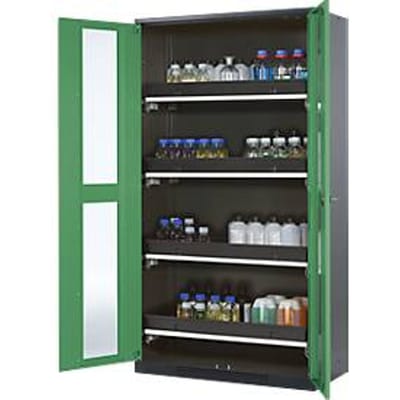 Chemicaliënkast, Vleugeldeur met glasplaat, 4 uittrekbare bakken, 1055x520x1950 mm, resedagroen