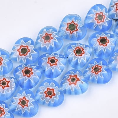 Millefiori glas, Venetië, hart-kralen, 12x12x5mm, lichtblauw. Verkocht per streng van ca. 38 cm.