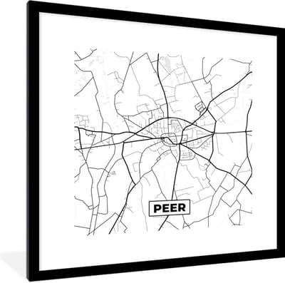Fotolijst incl. Poster Zwart Wit- Plattegrond – Peer – Zwart Wit – Stadskaart - Kaart - België - 40x40 cm - Posterlijst