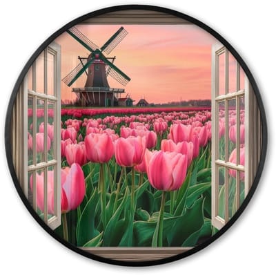 Poster in lijst Rond - Fotolijst 60x60 cm - Posters - Doorkijk - Tulpen - Bloemen - Molen - Raam - Ronde posterlijst zwart - Decoratie - Wanddecoratie woonkamer - Muurdecoratie slaapkamer