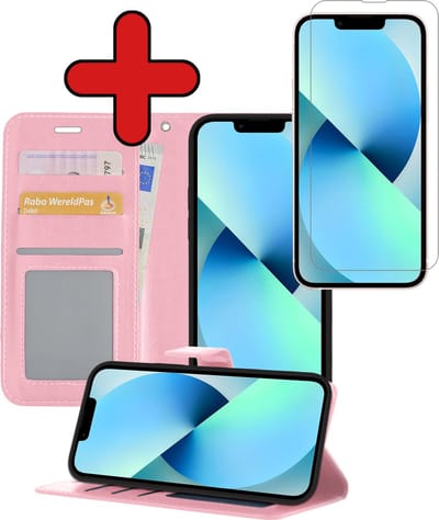 Hoesje - Met Screenprotector - Geschikt voor Apple iPhone 14 - Luxe Pasjeshouder - Flipcase - Bookcase Portemonee - Flip Case - Kunstleer Book Case - Book Cover - Walletcase - Portemonneehoes - Telefoonhoes - Lichtroze