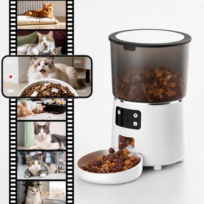 Daity 1 stuk - Automatische voerautomaat voor katten met camera – 1080p HD-video met nachtzicht, 5G wifi-voerautomaat met audio voor kat en hond, meldingen bij weinig voer en beweging/geluid, dubbele voerbak, zwart 4L