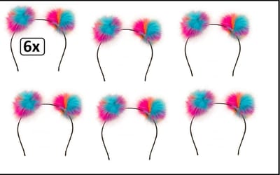 6x Diadeem pluche bol turquoise/roze/oranje - carnaval thema party hoofddeksel haarband oranje  roze optocht