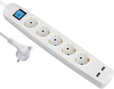 MaxTrack stekkerdoos met 5 contacten en 2x USB / wit - 3 meter
