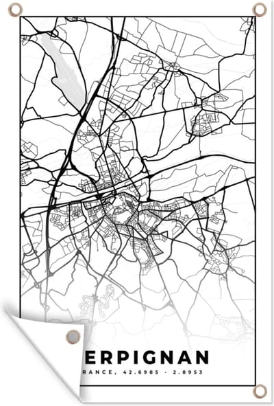 Muurdecoratie Plattegrond - Kaart - Frankrijk - Stadskaart - Perpignan - Zwart wit - 120x180 cm - Tuinposter - Tuindoek