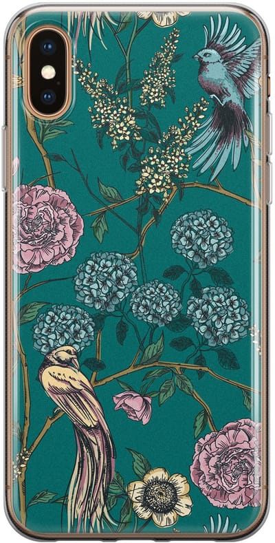 Hoesje geschikt voor iPhone Xs - Vogels Japanse bloemen - Soft Case - TPU - Bloemen - Blauw - Mooie Telefoonhoesjes
