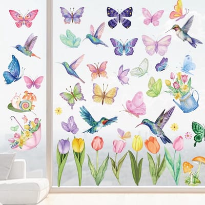 Dailygoods- Raamstickers - 8 Bladen Bloemen/Vlinders/Hummingbirds - PVC - Kleurige Tuin - Voor Glas - 30 x 22 cm - Vensterdecoratie
