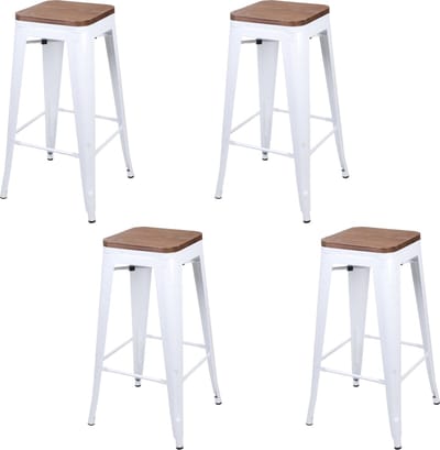 SET X 4 BARKRUKKEN IN MAT WIT METAAL MET HOUTEN ZITTING 42,5X42,5X77CM