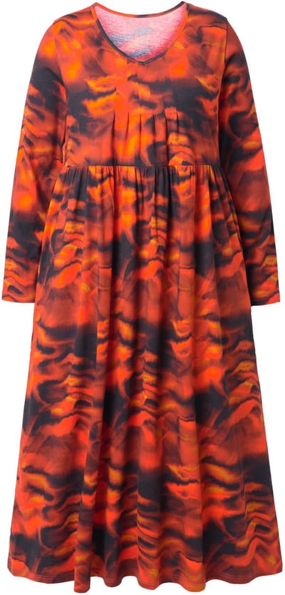 Ulla Popken - Dames - Maxi-jurk A-lijn V-hals lange mouw zakken - Donker wijnrood - Maat 46+