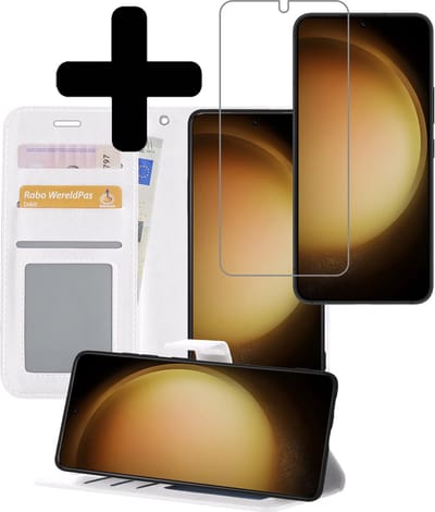 Hoesje - Met Screenprotector - Geschikt voor Samsung Galaxy S23 Plus - Luxe Pasjeshouder - Bookcase Portemonee - Flip Case - Kunstleer Book Case - Flipcase - Book Cover - Walletcase - Portemonneehoes - Telefoonhoesjes - Wit