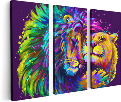 Artaza Canvas Schilderij Drieluik Gekleurde Leeuw En Leeuwin - Abstract - 120x80 cm - Wanddecoratie Woonkamer - Schilderijen - Muurdecoratie