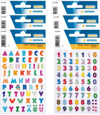 Herma stickervellen letters en cijfers - 6x vellen - gekleurd 3D effecct - 8 mm - watervast