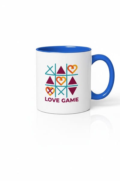 Love Game Mok | Tic Tac Toe Hartjes Design | Keramische Koffiemok Wit Blauw