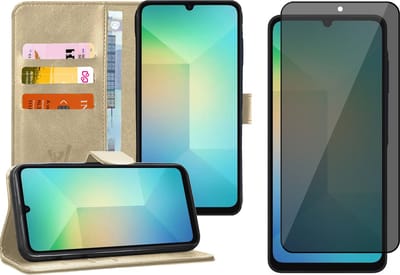 Hoesje geschikt voor Samsung Galaxy A06 - Privacy Screenprotector Volledig Dekkend Glas - Portemonnee Book Case Goud