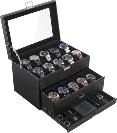 20 Slot Horloge Box voor Mannen, 3-Layer Sieraden Organizer Box met Lade, Display Opbergkoffer met Glazen Deksel -AllBlack
