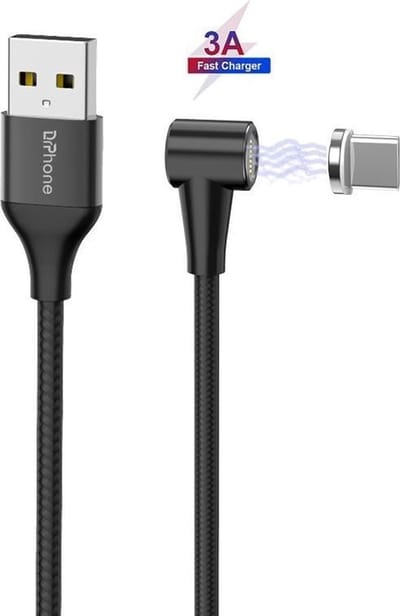 DrPhone Pro Series USB-C Magnetische Oplaadkabel – 90° Haaks – 360° Draaibaar – Tot 3A – 2M – Zwart