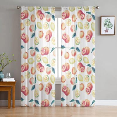 Aquarel Citroen Oranje Tule Gordijnen Woonkamer Keuken Chiffon Gordijn Slaapkamer Balkon Pure Gordijn Fashion Home Decor 135W x 114H(cm) white