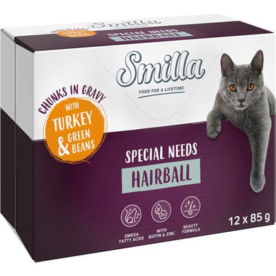 12x85g Smilla verse zakjes Adult Hairball Hapjes in Saus Kalkoen en Sperziebonen met Groenten