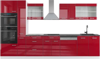 Vicco R-Line Keukenblok – 350 cm met hoge kast, WB Antraciet Rood hoogglans/wit