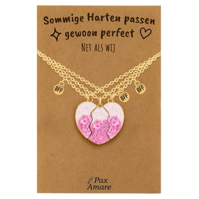 BFF Ketting voor 3 'Sommige harten passen perfect' - Magnetisch Glitter Hartje Roze - Vriendschapsketting op Cadeau Kaartje - 45cm + 5cm verstelbaar - Goudkleurig - Best Friends Hanger - Pax Amare