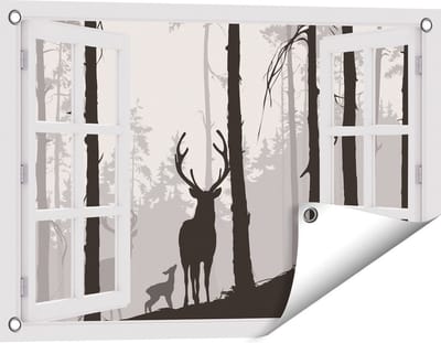 Gards Tuinposter Doorkijk Herten in het Bos - Silhouet - 60x40 cm - Tuindoek - Tuindecoratie - Wanddecoratie buiten - Tuinschilderij