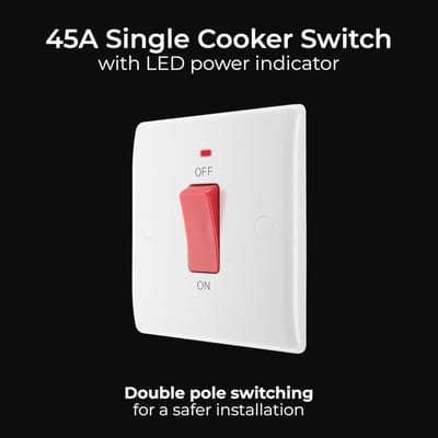 Elektrisch Fornuis Schakelaar met LED-stroomindicator - Enkele Plaat, Dubbelpolig, Wit, 45A