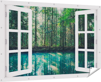 Gards Tuinposter Doorkijk Bos bij een Groen Meer - 180x120 cm - Tuindoek - Tuindecoratie - Wanddecoratie buiten - Tuinschilderij