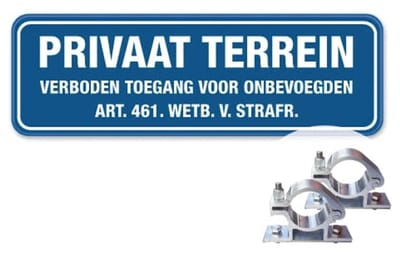 Bord Privaat terrein - Verboden toegang voor onbevoegden - blauw - Weerbestendig Aluminium - 40x15 cm - Bevestiging: Met paalbeugels Ø48mm