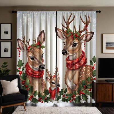 2 stuks HD Drie Kerst eland decoratieve gordijnen met rode vruchten Gele bindkoord digitaal bedrukte gordijnen Woondecoratie stijl Deco W52H63inchW132H160cm white