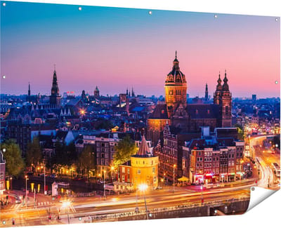 Gards Tuinposter Amsterdam Skyline bij Zonsondergang - 180x120 cm - Tuindoek - Tuindecoratie - Wanddecoratie buiten - Tuinschilderij