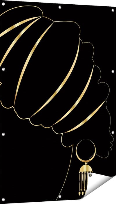Gards Tuinposter Afrikaanse Vrouw met Gouden Zwarte Tulband - 80x120 cm - Tuindoek - Tuindecoratie - Wanddecoratie buiten - Tuinschilderij