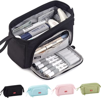 LIXIN Etui - Grote Capaciteit - Zwart - Pennenzak voor jongens en meisjes - Canvas - Linnen - School etui - Etui voor kinderen en volwassenen - School - Terug naar school - Back to school - Leuke telescopishe pennenhouder - Leuk etui
