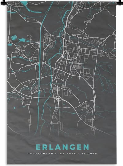 Wandkleed - Wanddoek - Kaart – Plattegrond – Stadskaart – Erlangen – Duitsland – Blauw - 120x180 cm - Wandtapijt