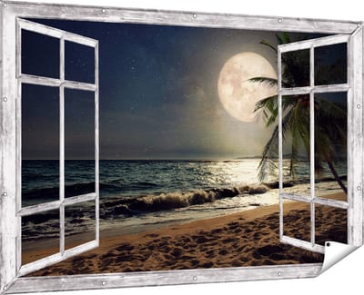 Gards Tuinposter Doorkijk Tropisch Strand in de Nacht met Volle Maan - 180x120 cm - Tuindoek - Tuindecoratie - Wanddecoratie buiten - Tuinschilderij
