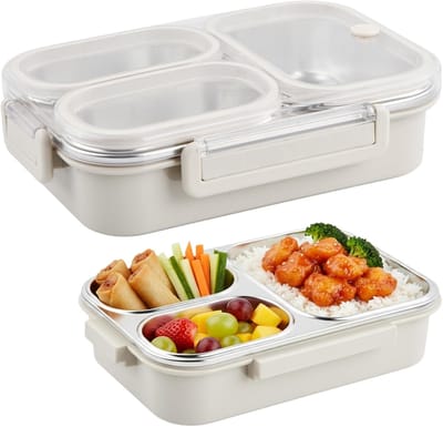 Famanu – Broodtrommel van roestvrij staal - 1000 ml - met 3 vakken - bento lunchbox voor volwassenen - lekvrij - brooddoos - lunchbox - boterhamdoos voor meisjes - jongens - school (beige)