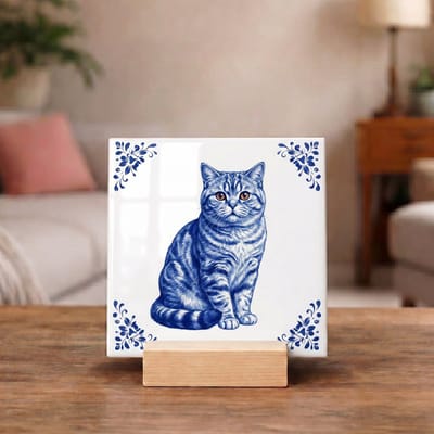 Delftsblauw Tegeltje 11x11 Britse Korthaar Kat – Cadeau voor Kattenliefhebber