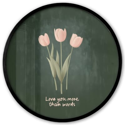 Poster in lijst Rond - Fotolijst 40x40 cm - Posters - Tulpen - Roze - Tekst - Love - Ronde posterlijst zwart - Decoratie - Wanddecoratie woonkamer - Muurdecoratie slaapkamer