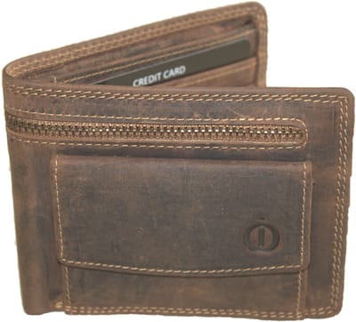 Oi Hunter bruine leren Billfold met muntvak aan de buitenkant / herenportemonnee met extra rits / beurs voor mannen met kleingeld vak aan de voorkant / anti skim / bruin leer / 471H