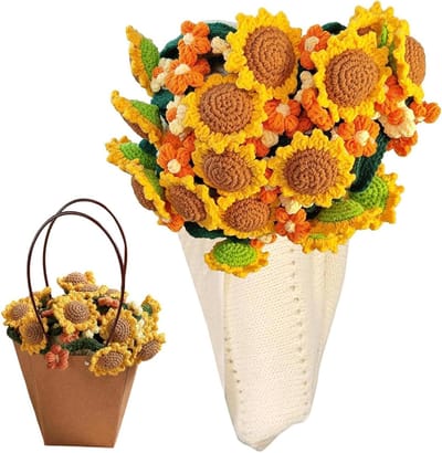 Bloemenboeket Deken - Gehaakte woondeken - Decoratie en comfort - Unieke handgehaakte textuur - 80 cm diameter - Zonnebloem