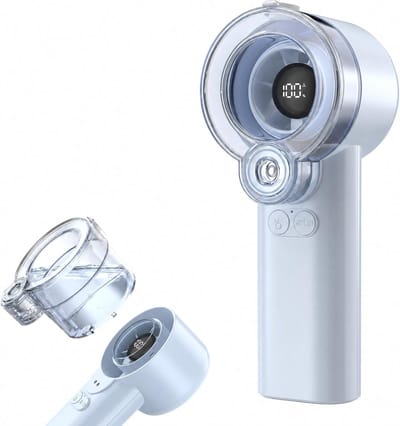 LISM-2-in-1 handventilator met sproeifunctie, draagbare waternevelventilator (oplaadbaar, met 5 snelheden en led-display), persoonlijke mini-koelventilator met afneembaar waterreservoir, zomercadeau Geschikt voor mannen en vrouwen - blauw