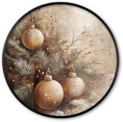 Poster in lijst Rond - Fotolijst 60x60 cm - Posters - Kerst - Kerstballen - Beige - Goud - Ronde posterlijst zwart - Decoratie - Wanddecoratie woonkamer - Kerstdecoratie voor binnen - Kerstversiering - Kerstmis versiering in huis - Kerstaccessoires
