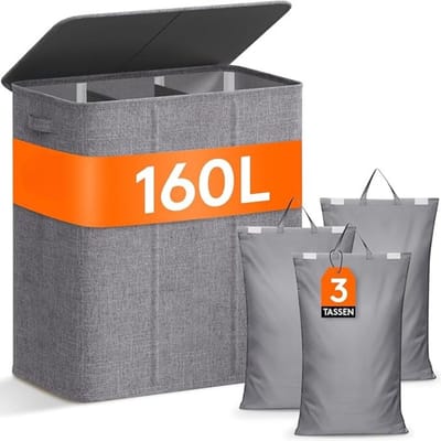 Verte Wasmand 3 Vakken - Wassorteerder - 160L - Met 3 Uitneembare Zakken - Wasmand met deksel - Laundry basket - Extra grote capaciteit - Waszak - Wasbox - Licht Grijs