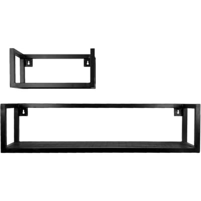 Wandplank Vintage Zwart Mangohout - Set van 2 Klein - Industriële Wandplank van Mangohout met Stalen Frame