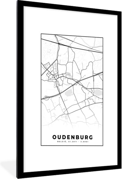 Fotolijst incl. Poster Zwart Wit- Zwart Wit – België – Plattegrond – Stadskaart – Kaart – Oudenburg - 60x90 cm - Posterlijst