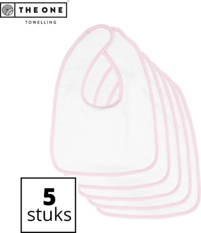 The One Towelling Baby Slab - 26 x 37 cm - 5 Stuks - Voordeelverpakking - Slabbetjes - 100% Katoen - Klittenband sluiting - Wit/Roze