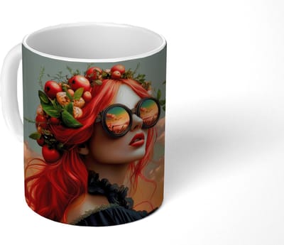 Mok - Koffiemok - Vrouw - Kroon - Tomaat - Bascilicum - Zonnebril - Mokken - 350 ML - Beker - Koffiemokken - Theemok
