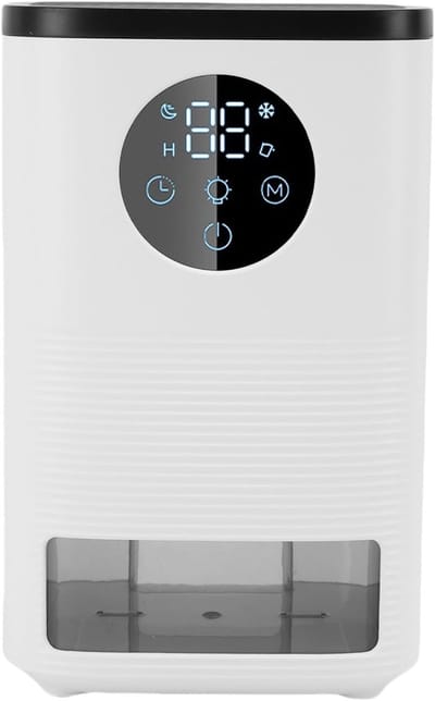Tafelmodel luchtontvochtiger, wit. Kleine, stille luchtontvochtiger met timer, LED-indicator en slaapstand, waterreservoir met een inhoud van 1400 milliliter, geschikt voor kleine kamers, badkamers en kledingkasten, compact en praktisch