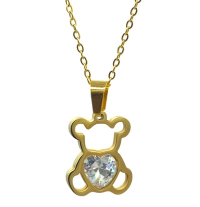 Goudkleurige stalen ketting met beer hanger en CZ steen hartje - 45 - 50 cm verstelbaar - Verguld staal