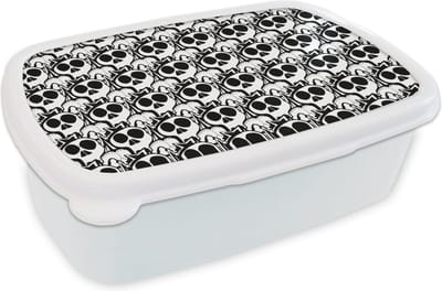 Broodtrommel Wit - Lunchbox - Brooddoos - Tiener - Skull - Zwart - Patronen - 18x12x6 cm - Volwassenen