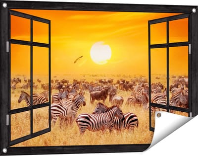 Gards Tuinposter Doorkijk Kudde Zebra's bij een Oranje Zonsondergang - 90x60 cm - Tuindoek - Tuindecoratie - Wanddecoratie buiten - Tuinschilderij